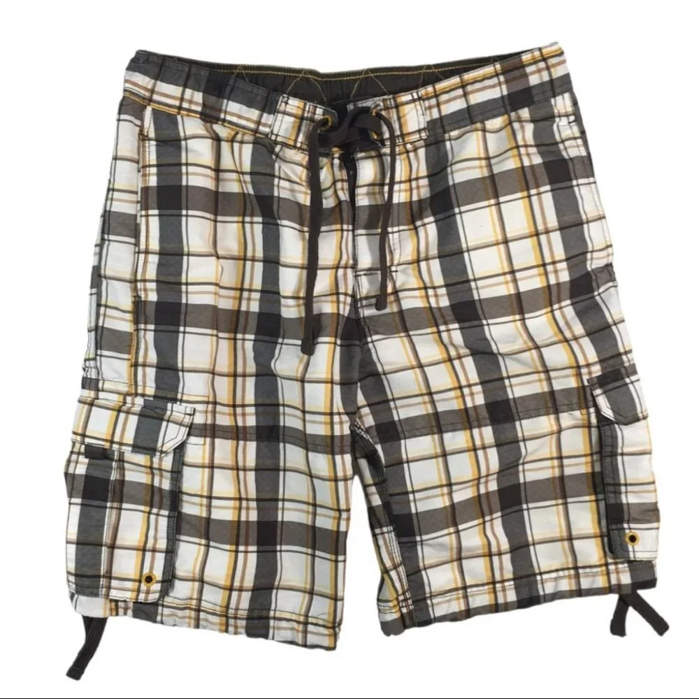 SH314 H&M Plaid Cargo Lined Beach Swim Trunks L